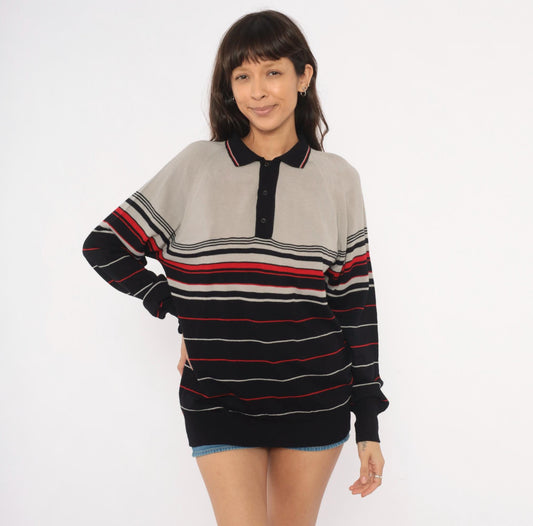 80s Colin Lt Marx Striped Polo Sweater Black Grey Red Raglan Knit Large