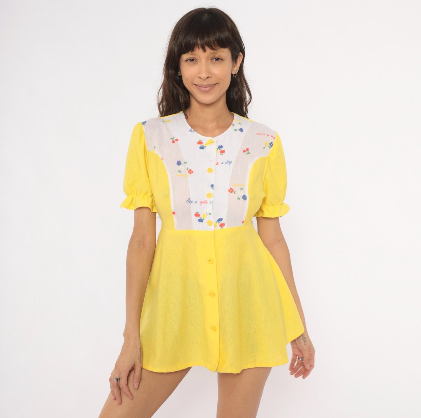 70s Yellow Babydoll Top Puff Sleeve Empire Waist Fruit Print Cotton Blouse Large