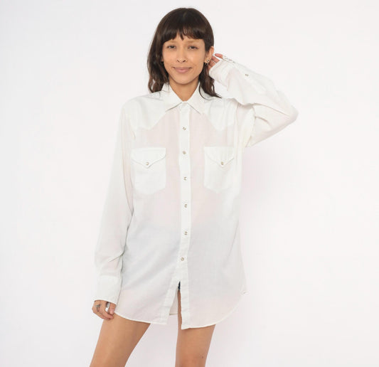 90s Miller Western Wear Pearl Snap Shirt White Cotton Yoke Extra Large XL