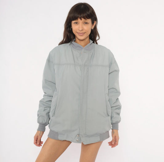 80s Catalina Varsity Bomber Jacket Grey Cotton Knit Collar Medium