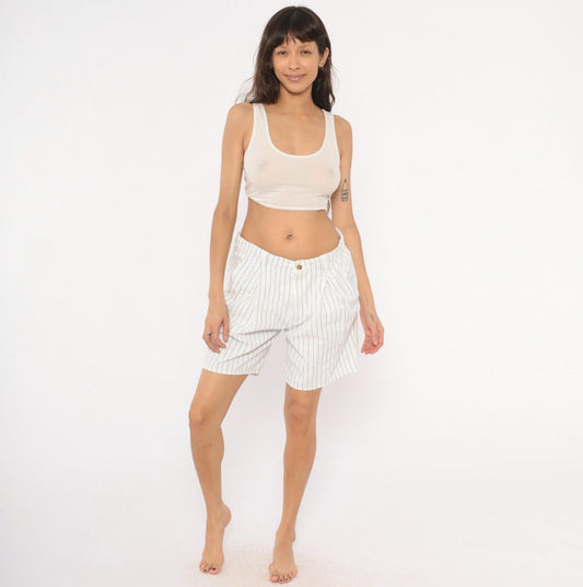 90s Levi's Pinstripe Bermuda Shorts White Navy Pleated Front Cotton Medium