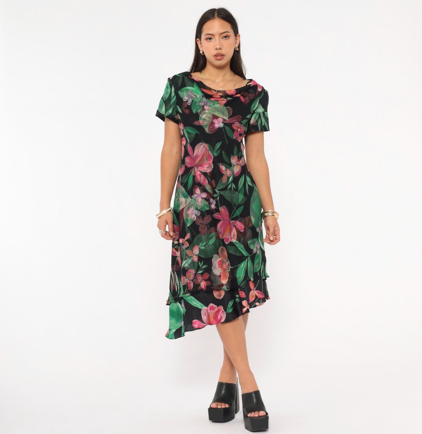 90s Donna Ricco Silk Dress Tropical Floral Black Cowl Neck Layered Hem Medium M