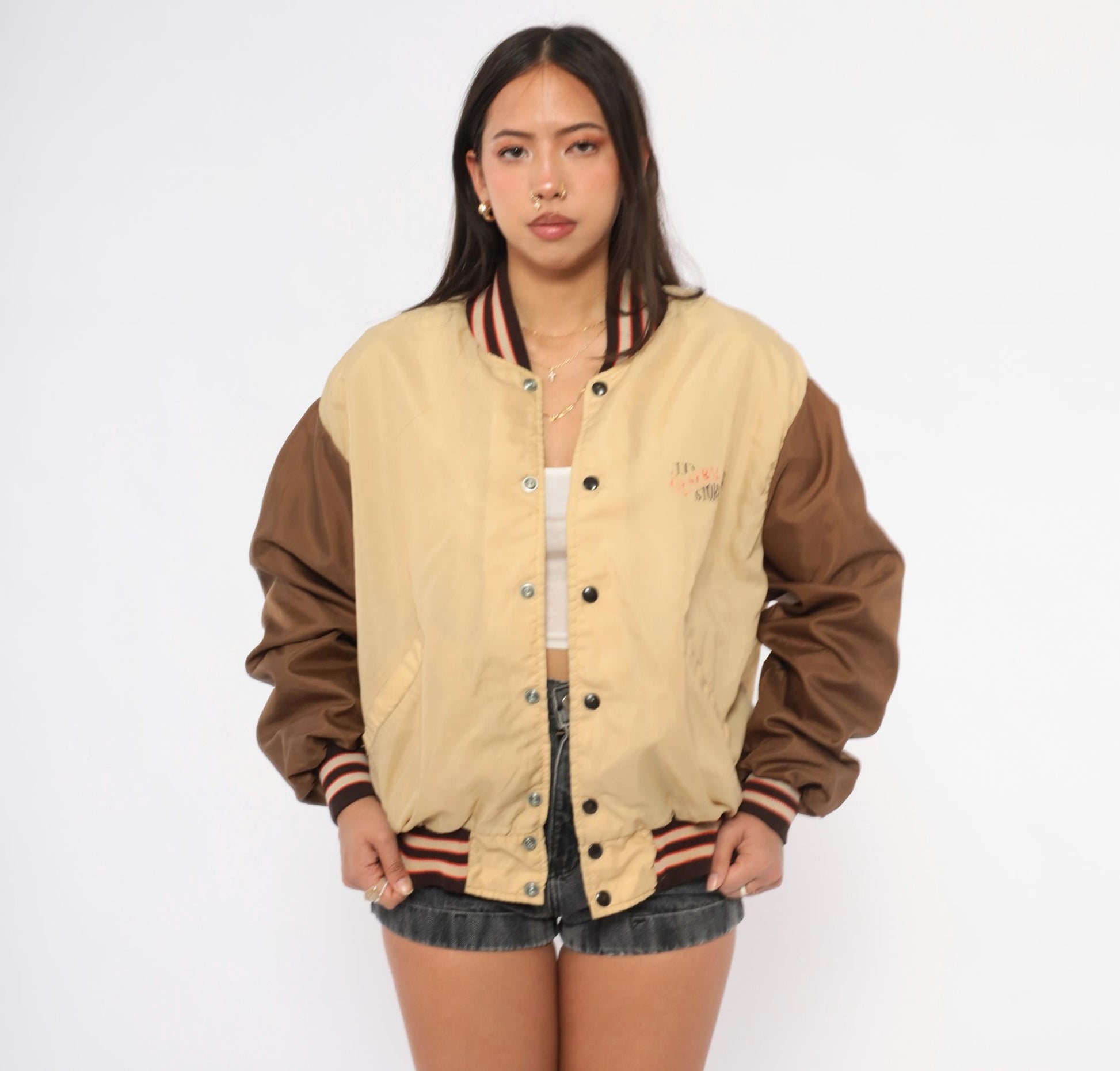 80s DeLong Sportswear Varsity Bomber Tan Brown Striped Nylon Windbreaker Extra Large XL