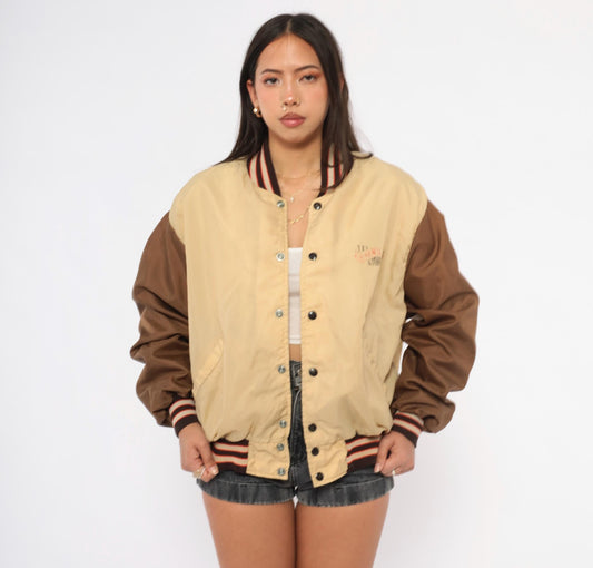 80s DeLong Sportswear Varsity Bomber Tan Brown Striped Nylon Windbreaker Extra Large XL