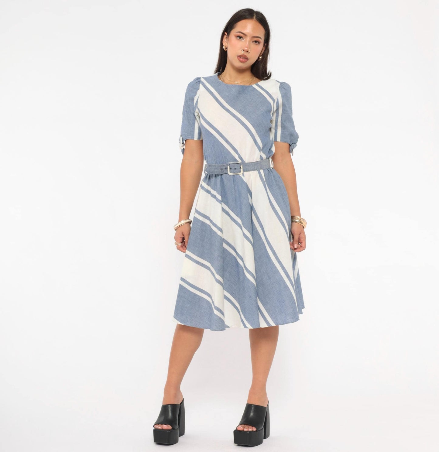 80s SL Petites Diagonal Stripe Dress Blue White Cotton Puff Sleeve Medium