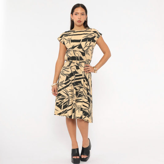 80s Tropical Leaf Print Dress Black Tan Cap Sleeve Knee-Length Small