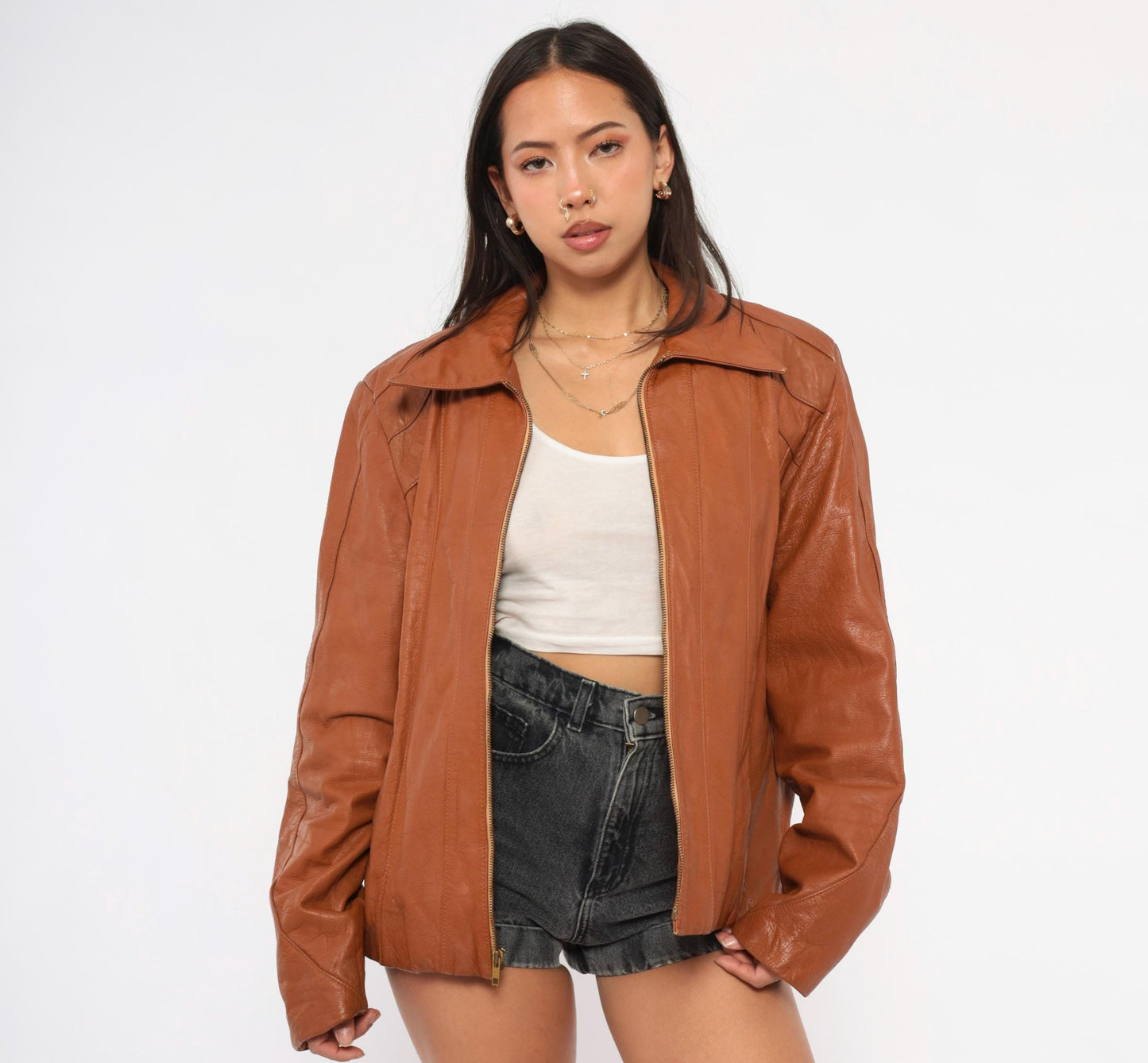 70s Ricaro Cognac Leather Jacket Western Scalloped Yoke Zip Bomber Extra Large XL