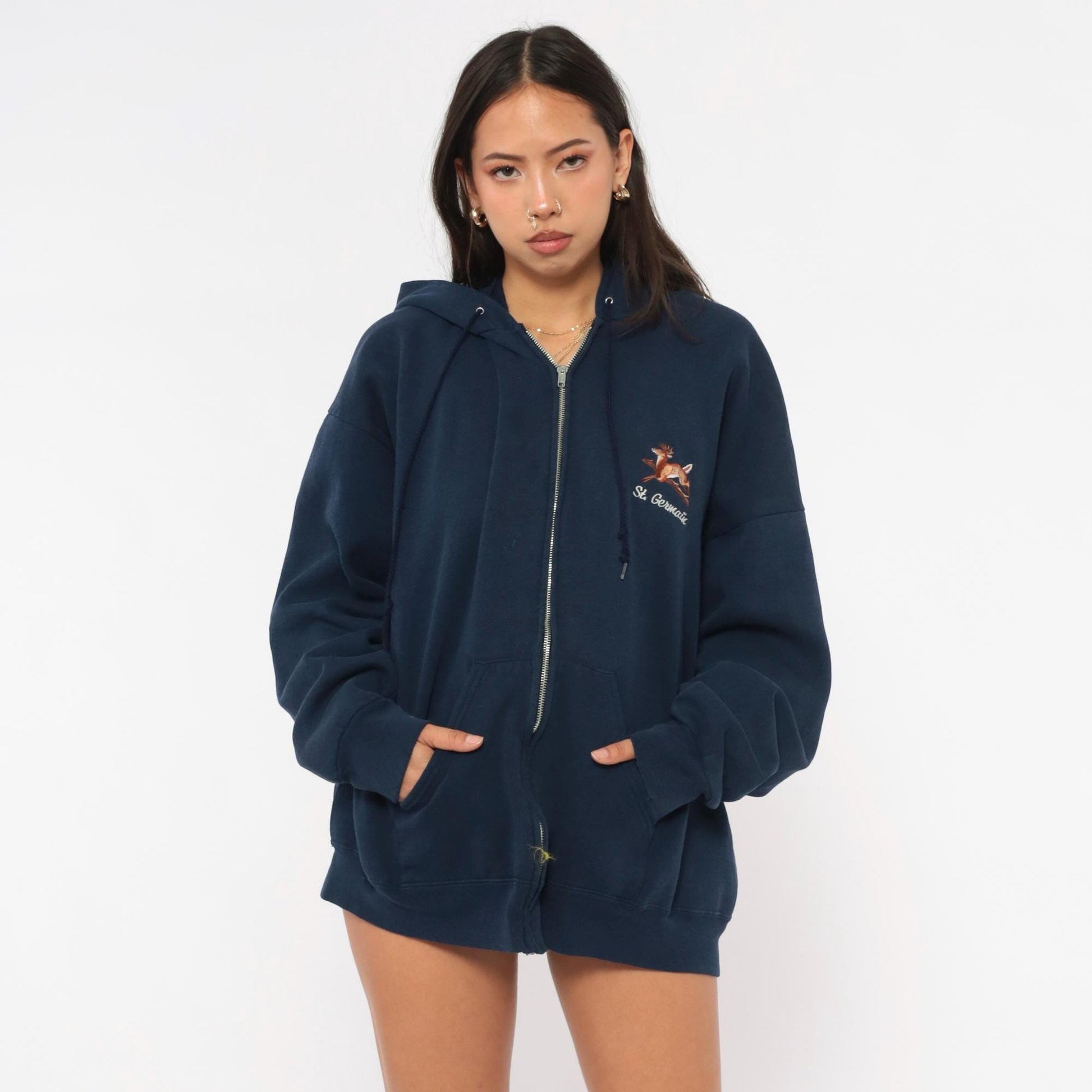 90s St Germain Deer Embroidered Navy Zip Hoodie Full Zip Sweatshirt Extra Large