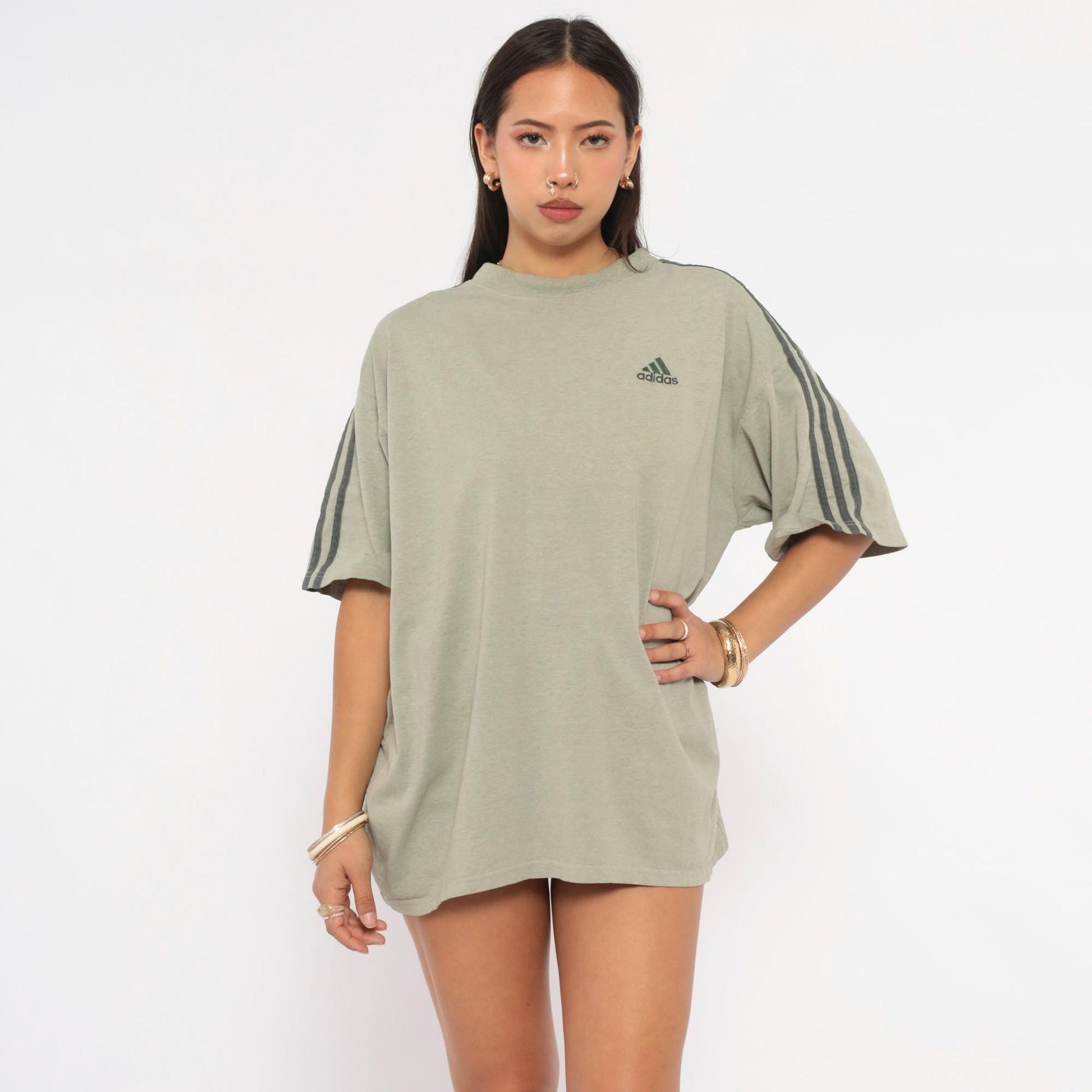 Y2K Adidas Three Stripe Tee Grey Embroidered Logo Cotton Medium