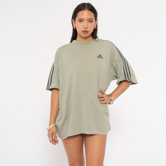 Y2K Adidas Three Stripe Tee Grey Embroidered Logo Cotton Medium