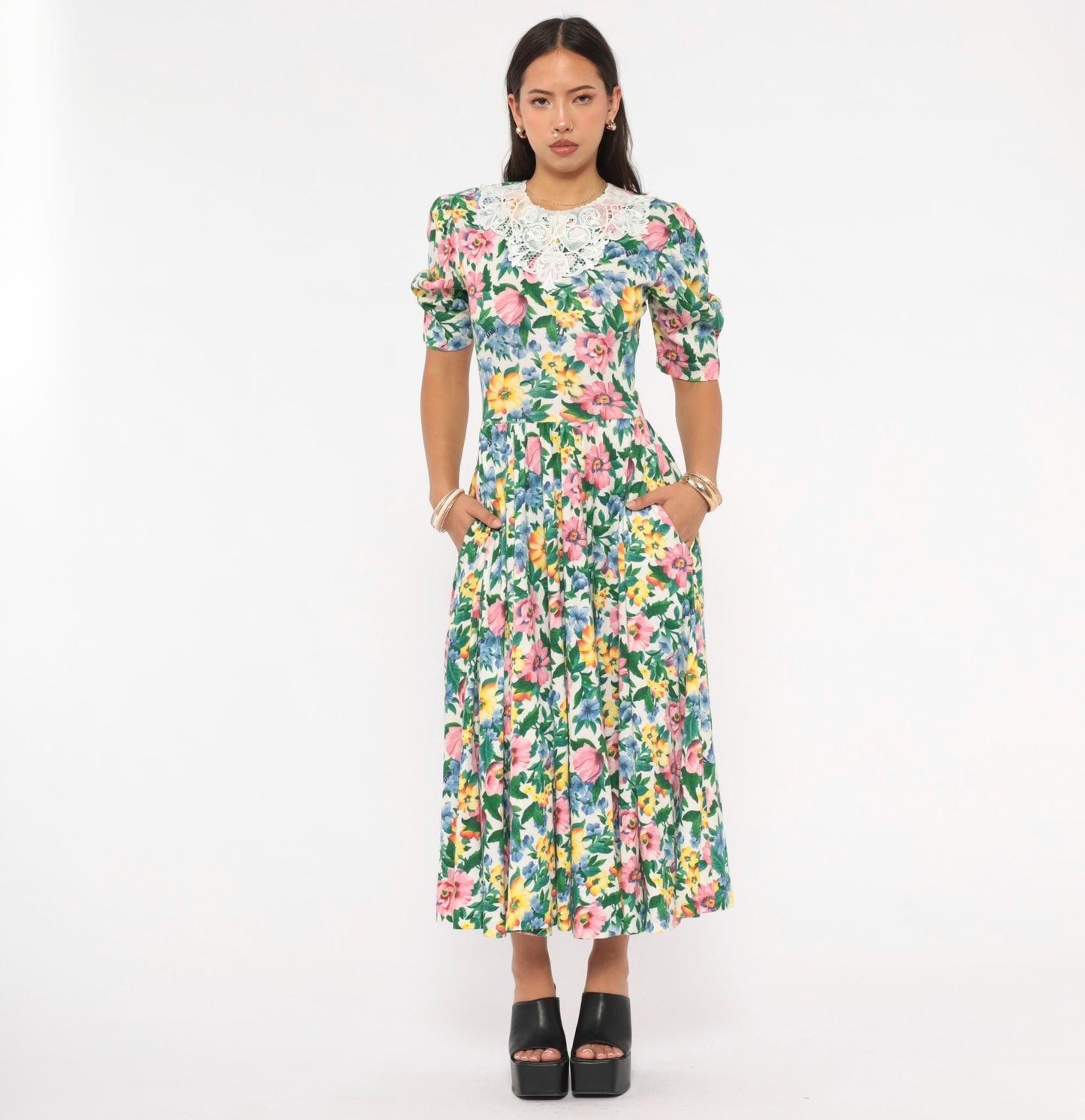 90s Expo Floral Midi Dress Puff Sleeve Lace Collar Cream Multicolor Small
