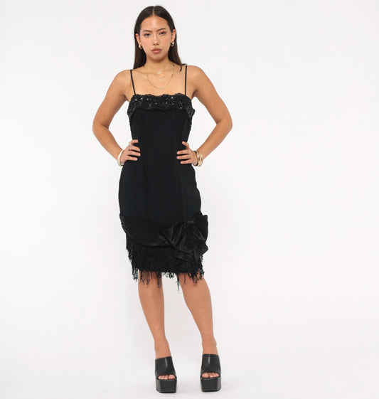 90s Roberta Black Mini Slip Dress Sequin Bustline Fringe Hem Extra Small XS