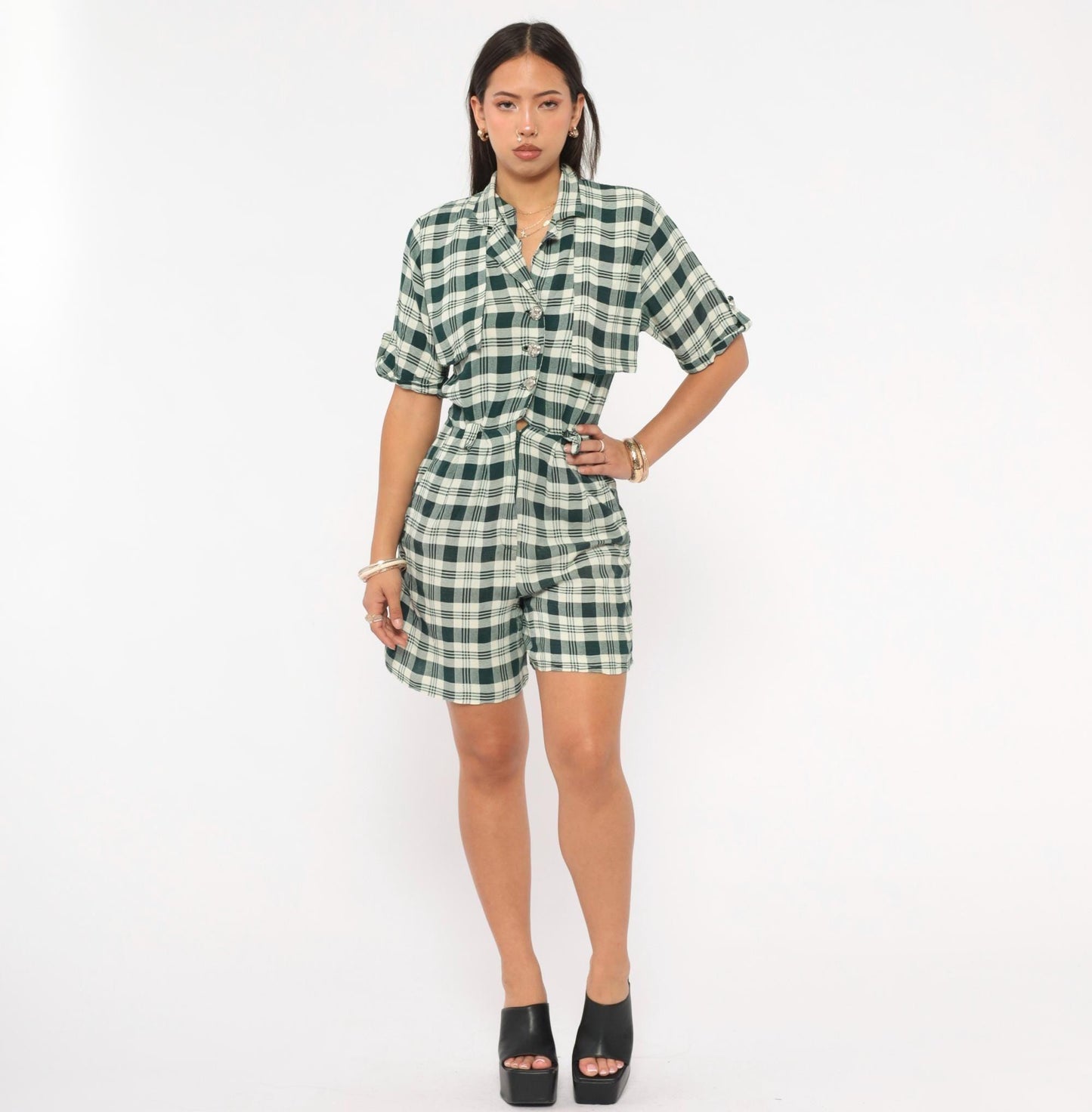 90s Scarlett Green Plaid Romper Button Front Rolled Cuff Small S