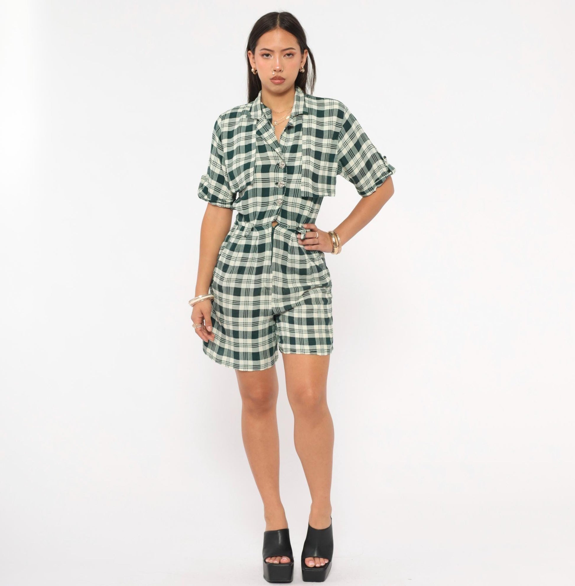 90s Scarlett Green Plaid Romper Button Front Rolled Cuff Small S