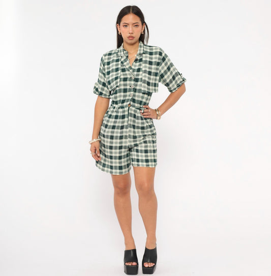 90s Scarlett Green Plaid Romper Button Front Rolled Cuff Small S