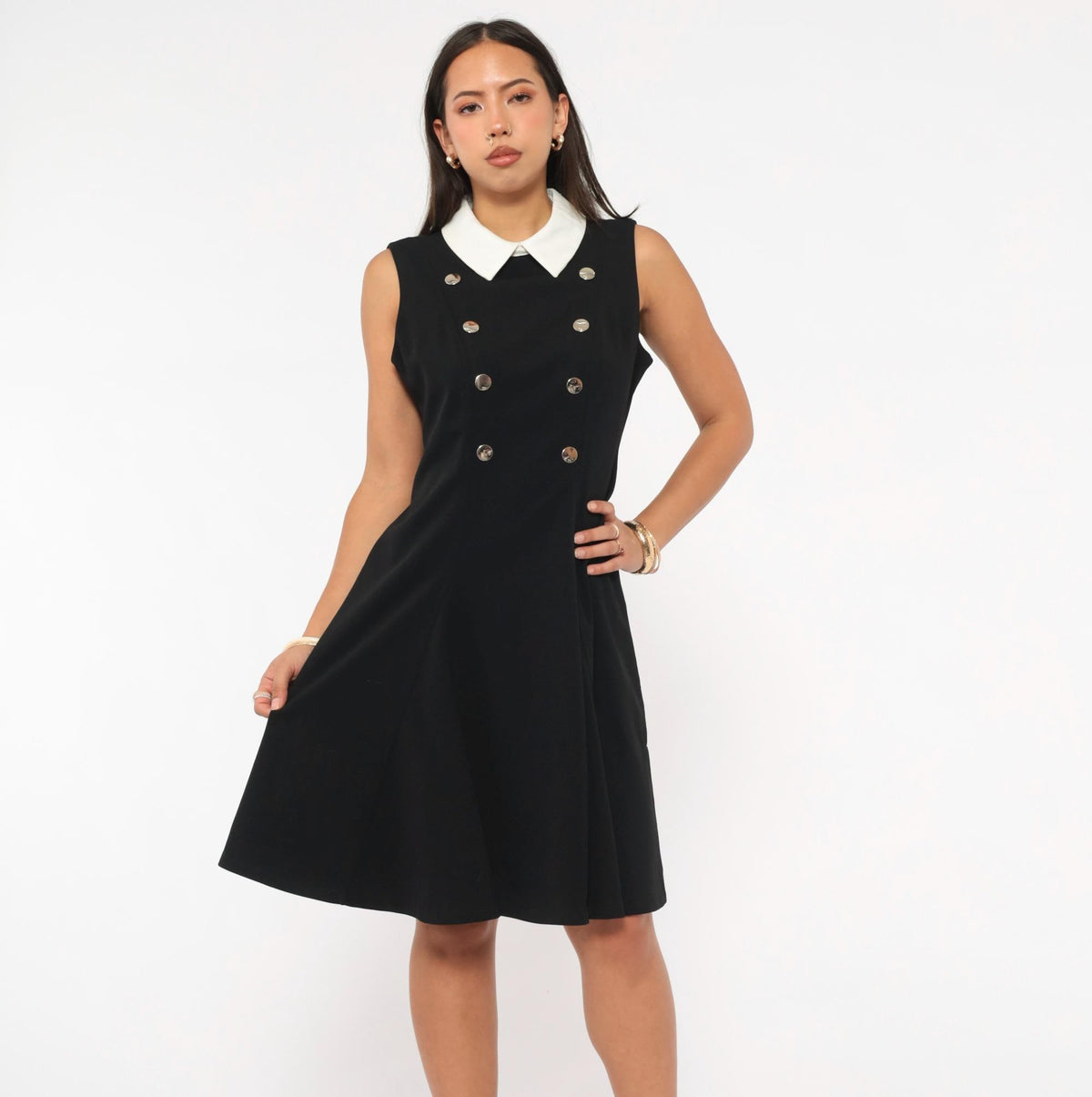 Y2K Tommy Hilfiger Black Mini Dress Double Breasted White Collar Medium M
