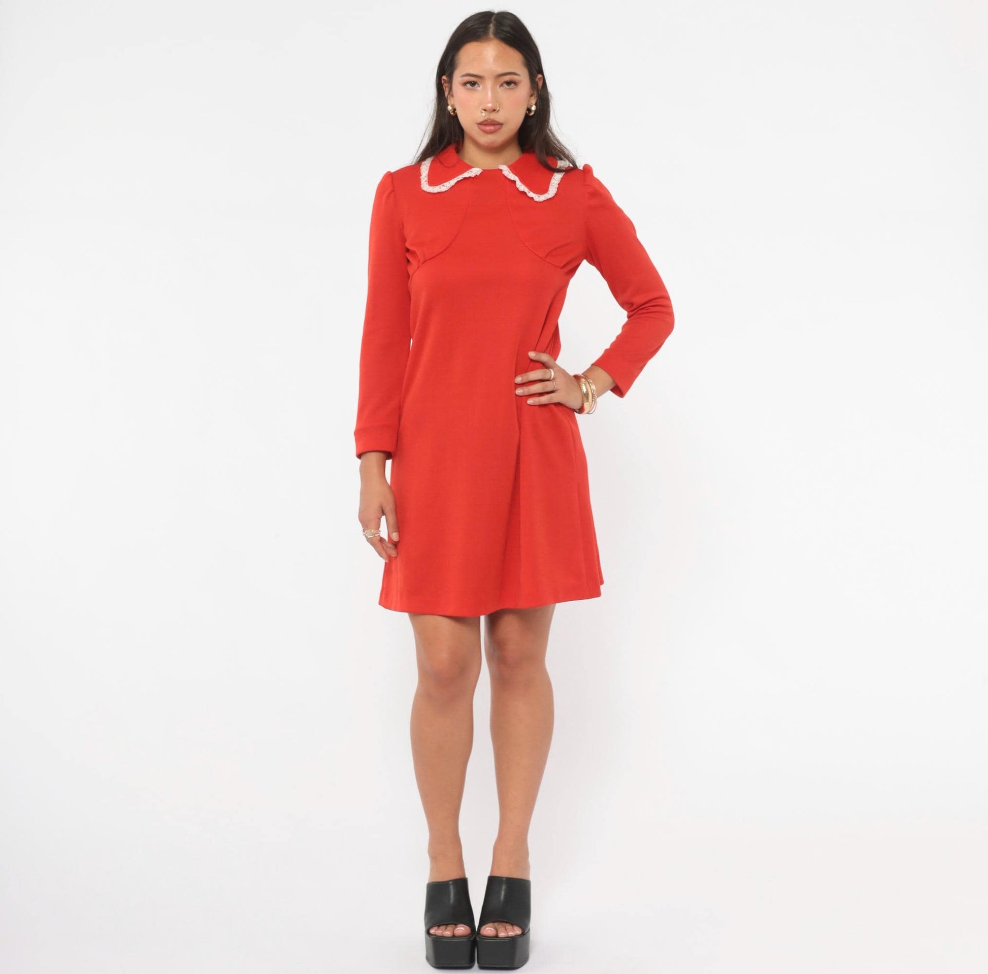 70s Red Mini Dress Peter Pan Collar Puff Sleeve Empire Waist Medium