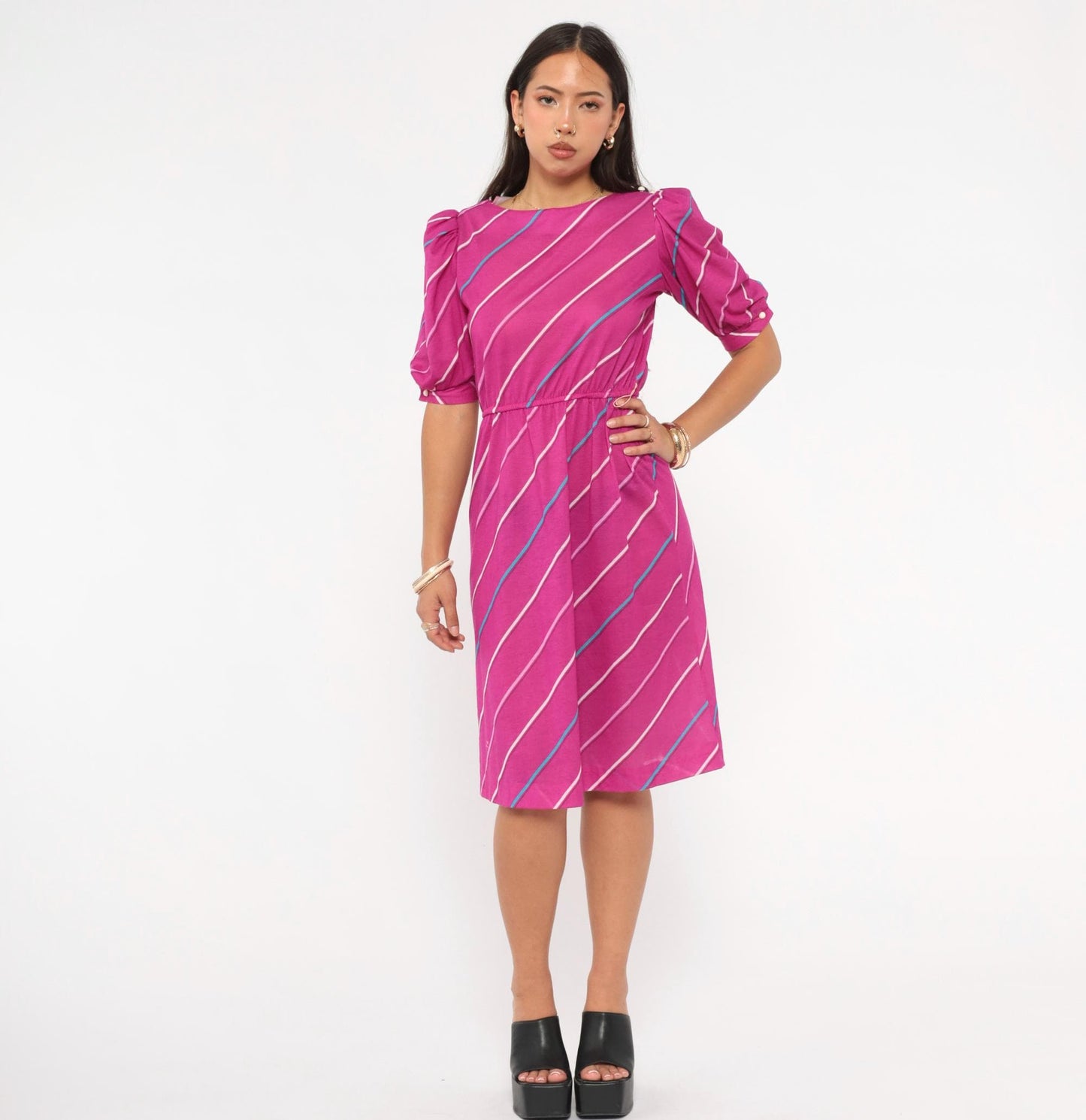 80s Joni Blair Magenta Striped Dress Puff Sleeve Boat Neck Knee Length Small