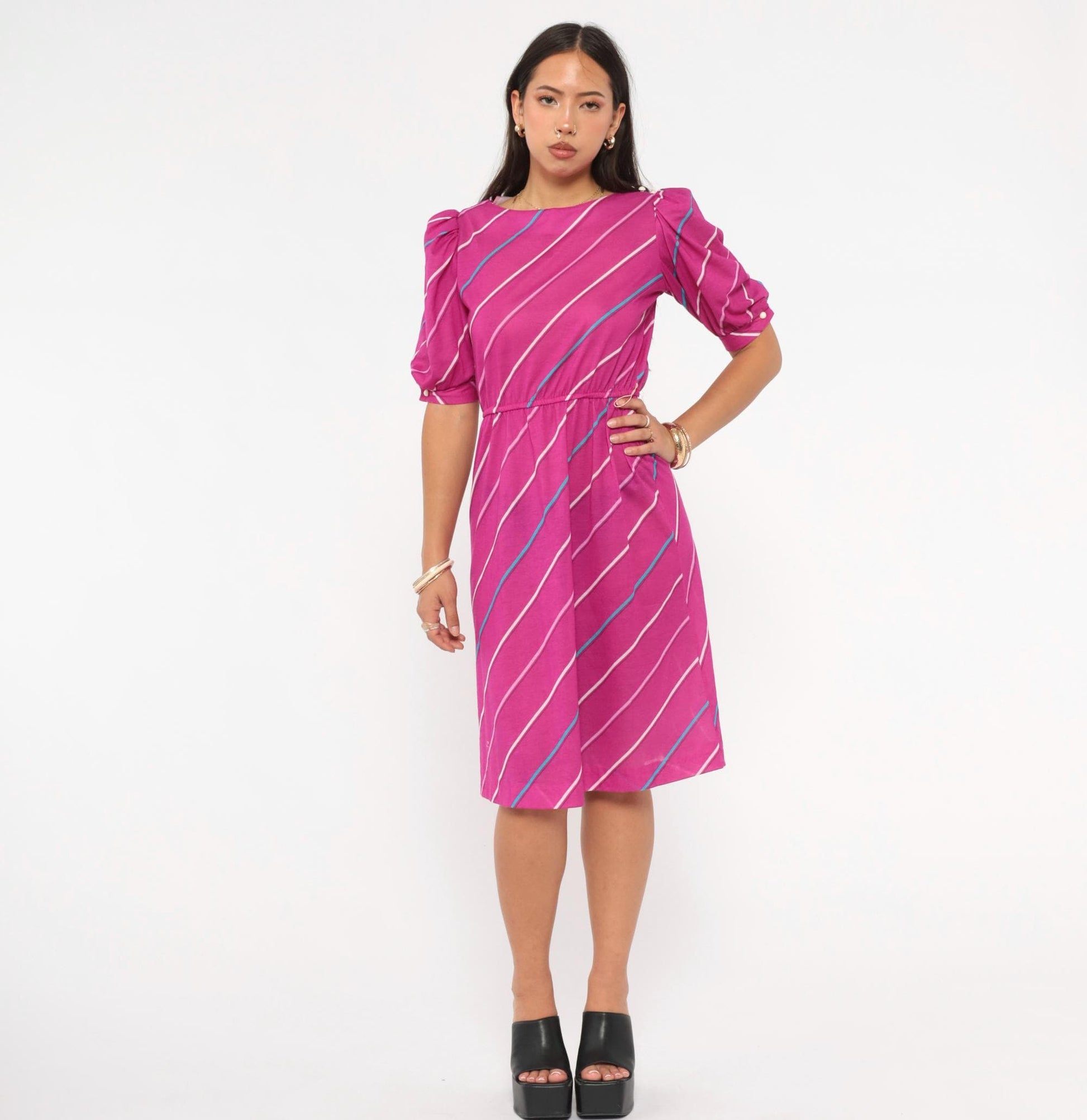 80s Joni Blair Magenta Striped Dress Puff Sleeve Boat Neck Knee Length Small