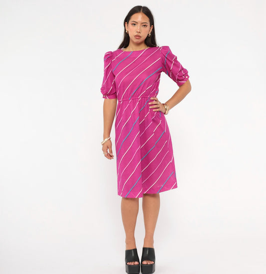 80s Joni Blair Magenta Striped Dress Puff Sleeve Boat Neck Knee Length Small