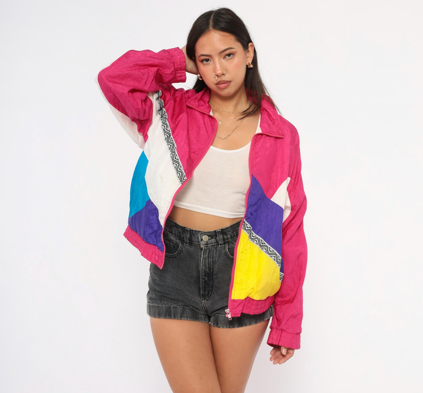 90s Longstreet Colorblock Windbreaker Hot Pink Purple Yellow Teal Small