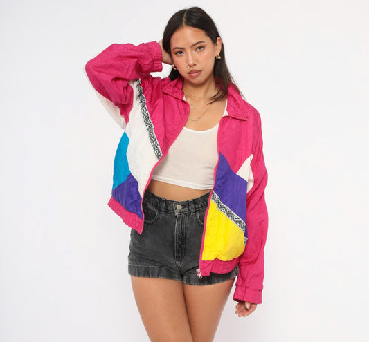 90s Longstreet Colorblock Windbreaker Hot Pink Purple Yellow Teal Small
