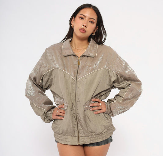 90s Cabin Creek Windbreaker Taupe Nylon Jacket Cream Piping Medium M