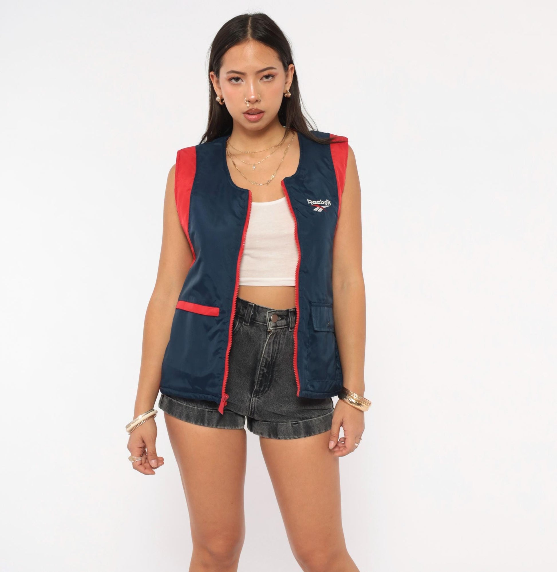 90s Reebok Colorblock Puffer Vest Navy Red Embroidered Logo Large L