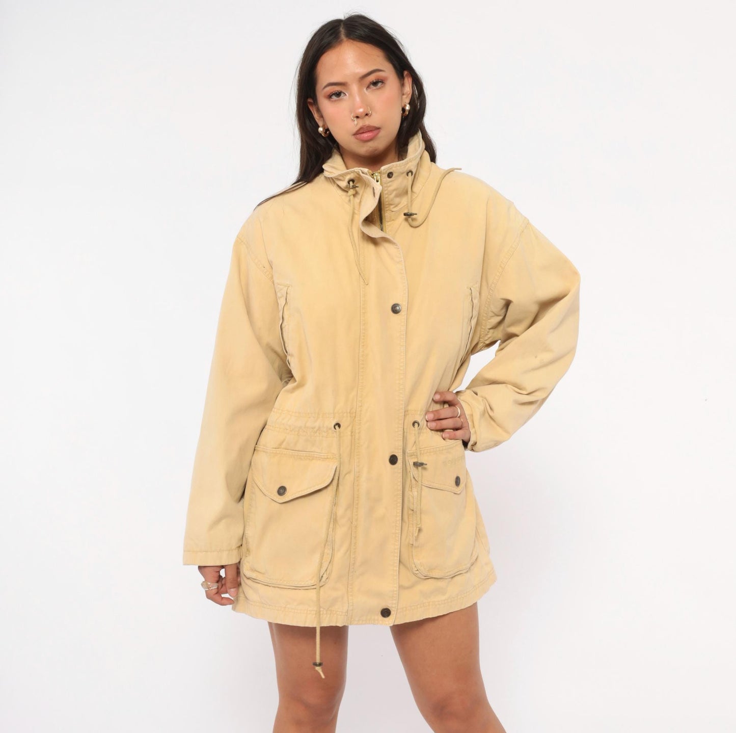 90s World Adventure Wolverine Tan Parka Cargo Jacket High Collar Small Petite
