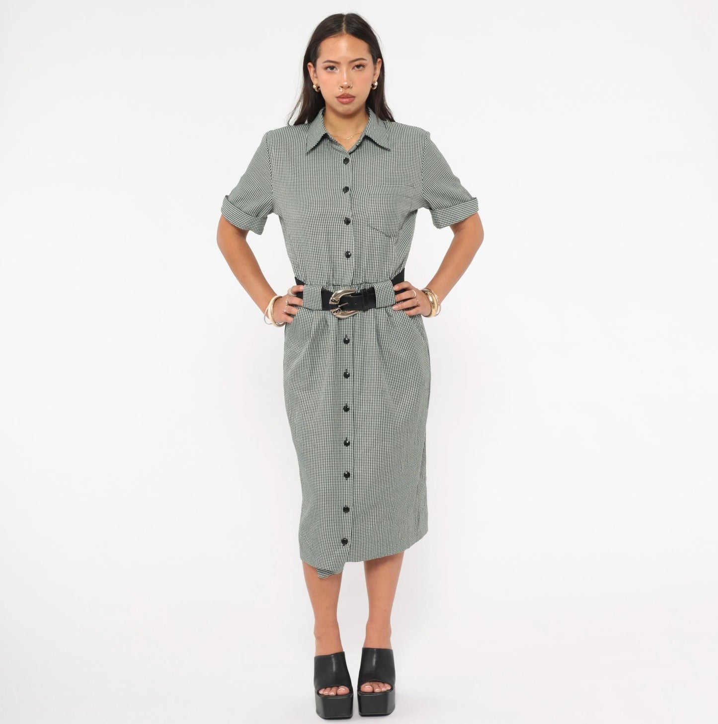 90s Black White Houndstooth Shirt Dress Midi Belted Pencil Skirt Small