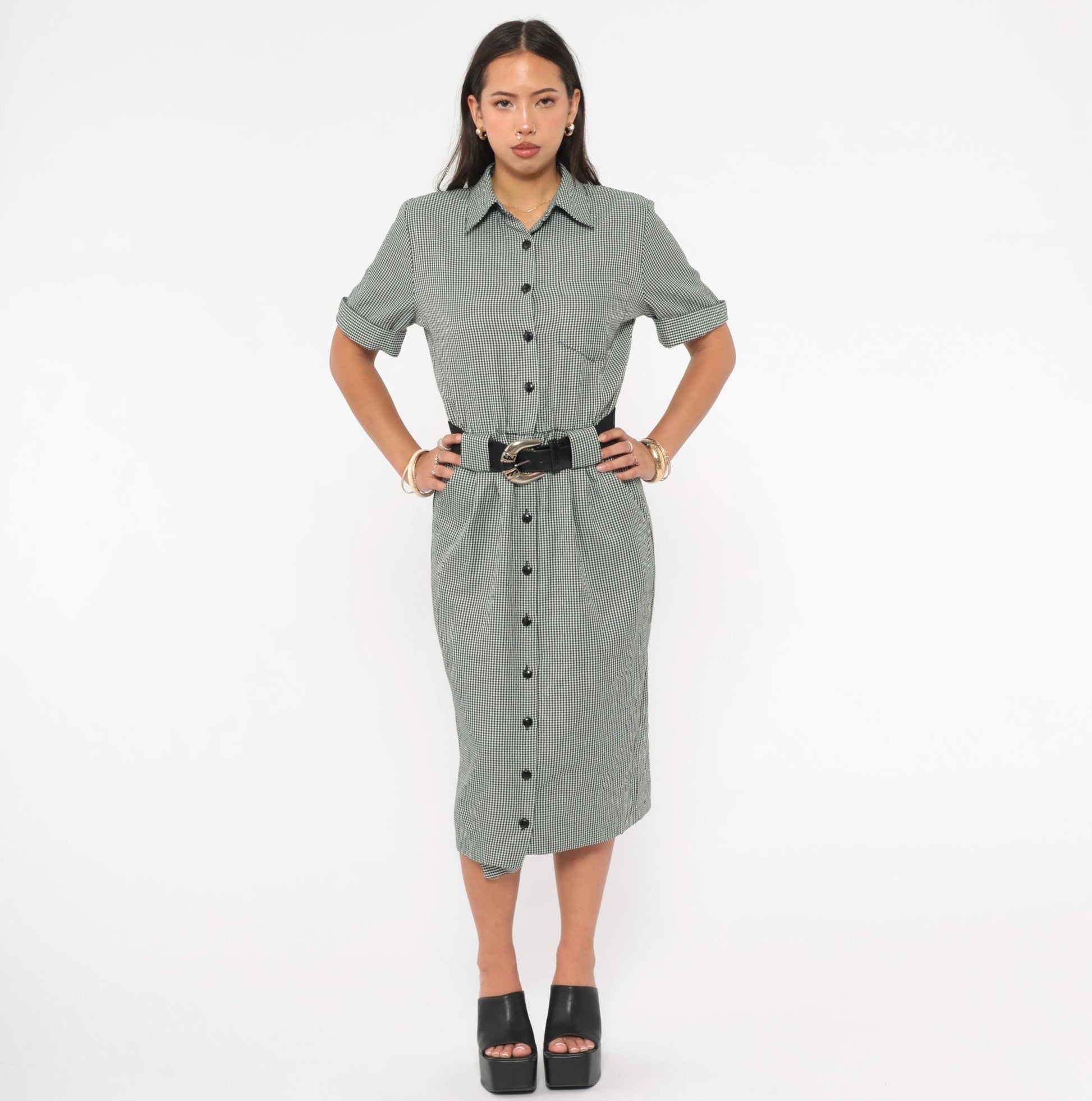 90s Black White Houndstooth Shirt Dress Midi Belted Pencil Skirt Small