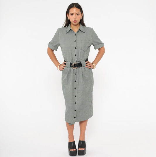 90s Black White Houndstooth Shirt Dress Midi Belted Pencil Skirt Small