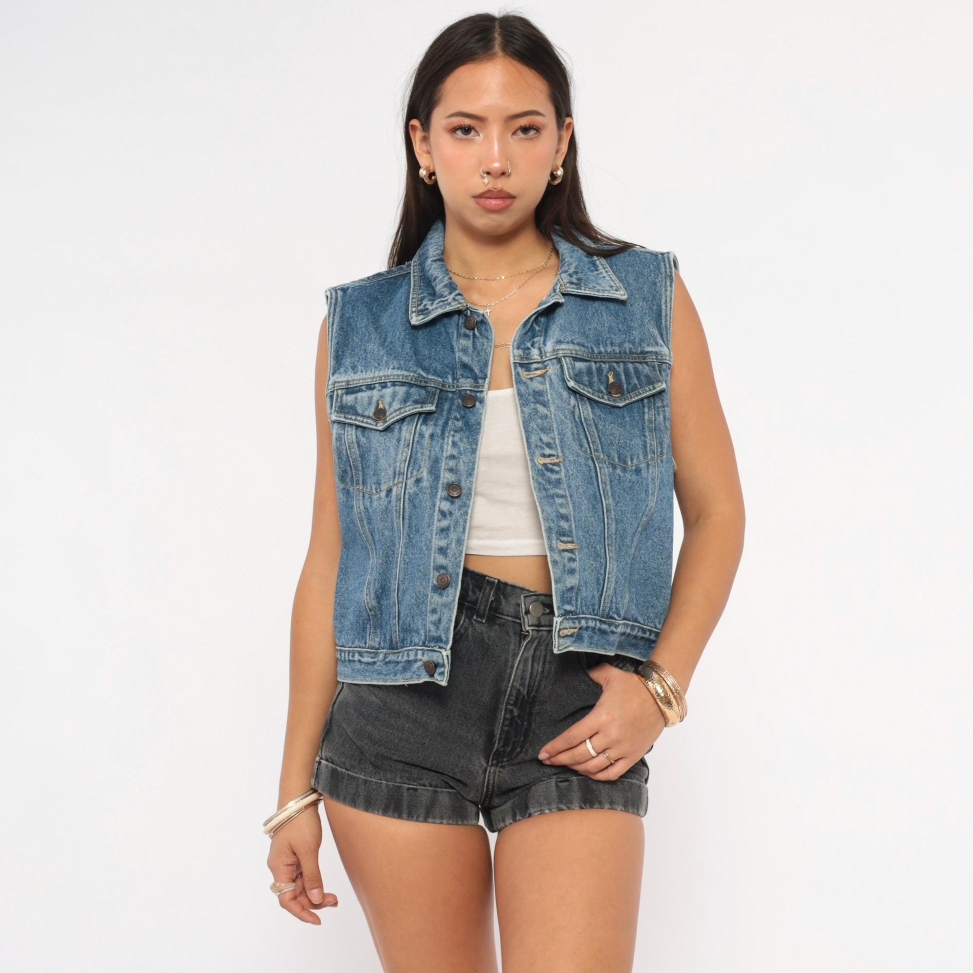 90s Greatland Denim Vest Blue Medium Wash Cotton Spread Collar