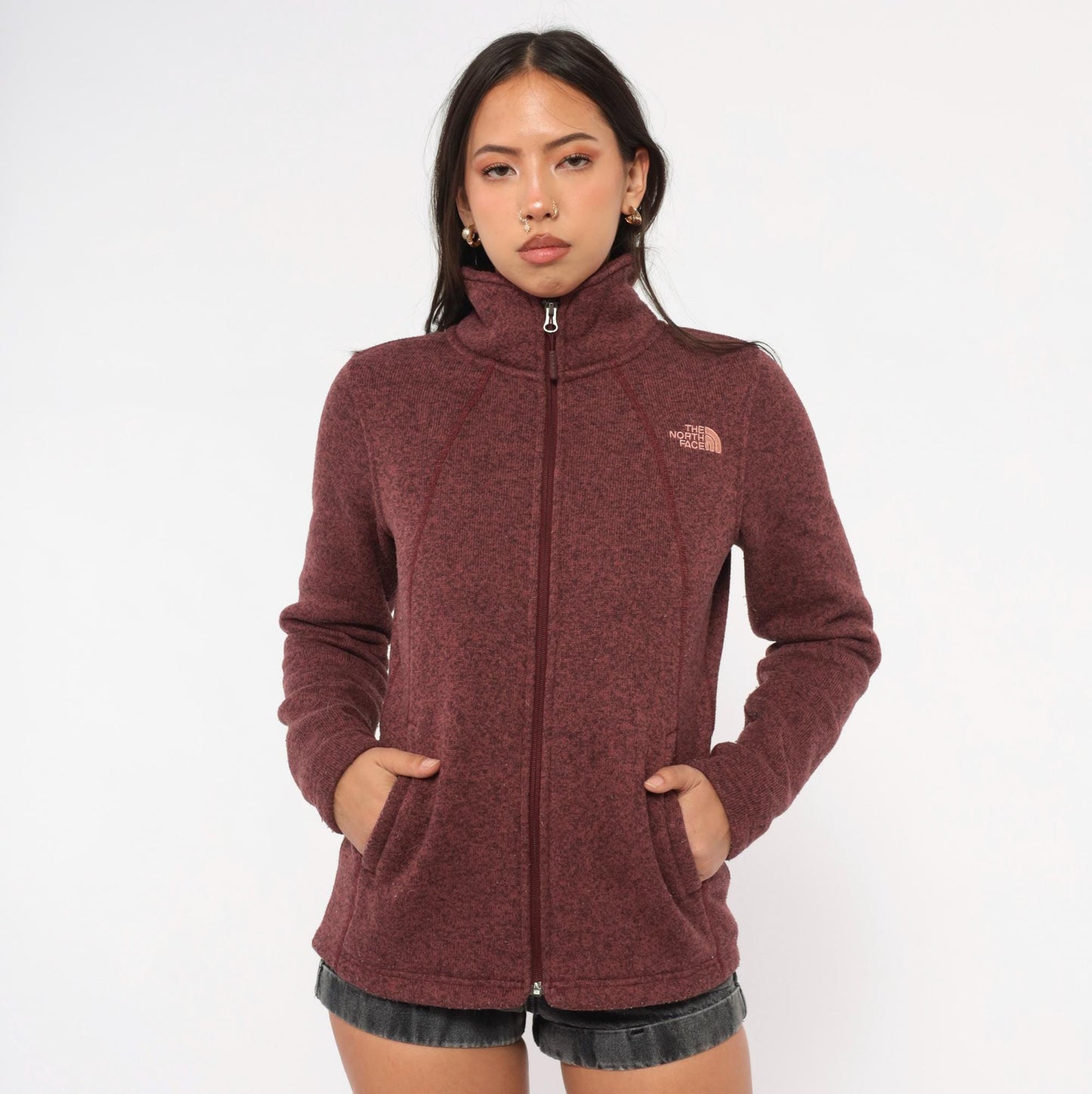 2000s The North Face Burgundy Fleece Jacket Raglan Small Petite