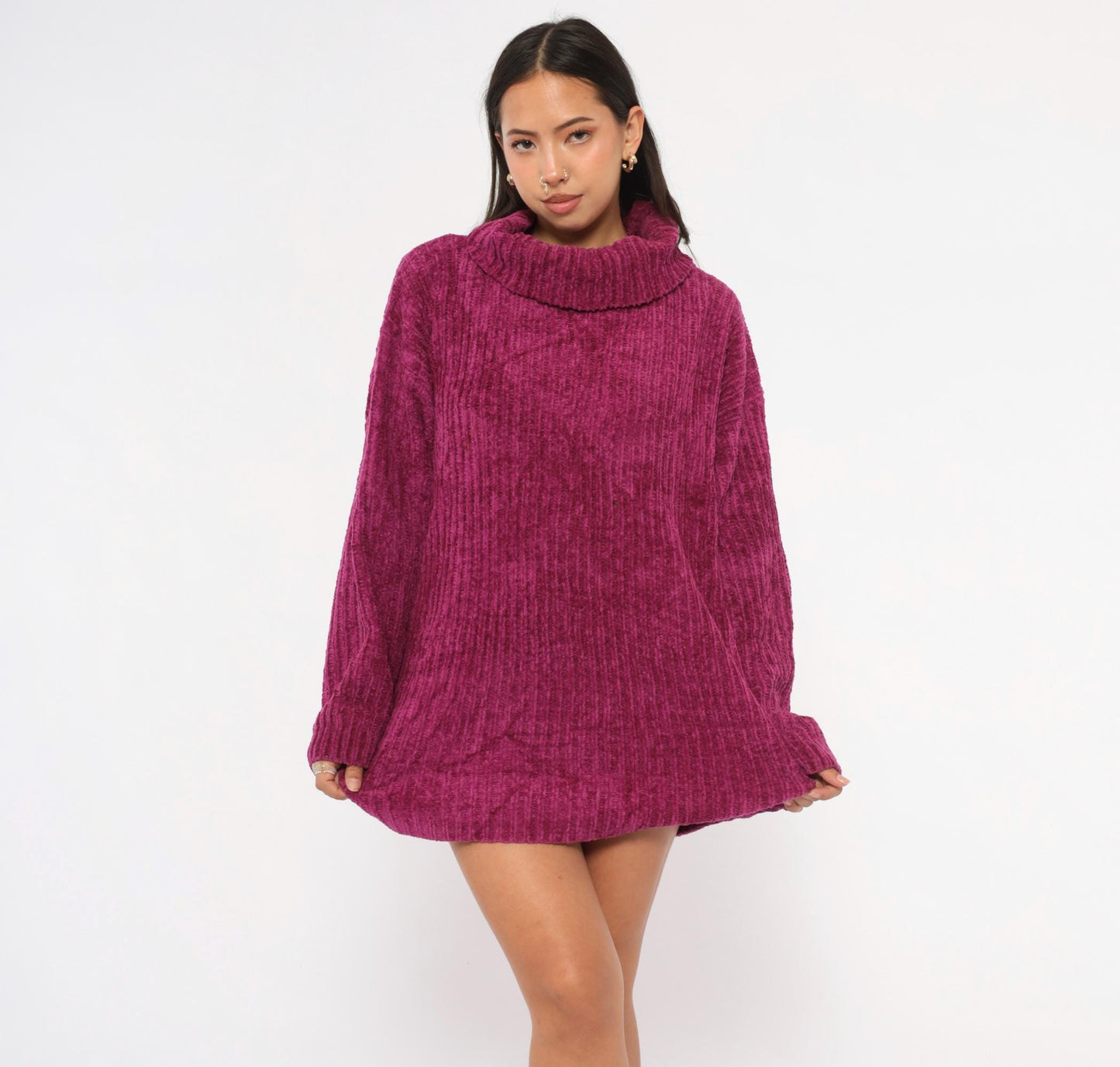 80s Knitwear Magenta Chenille Turtleneck Ribbed Knit Sweater Large L