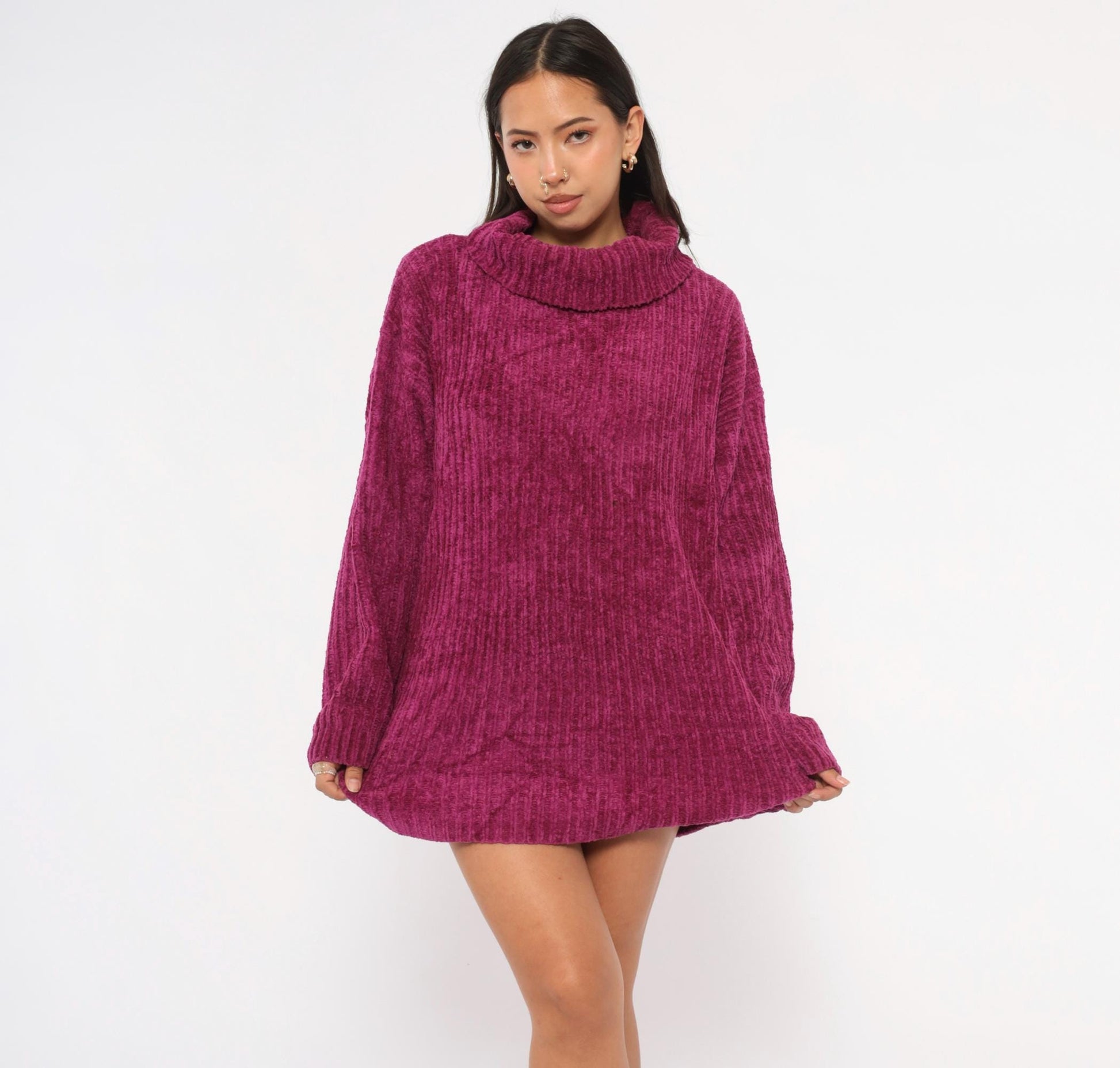 80s Knitwear Magenta Chenille Turtleneck Ribbed Knit Sweater Large L