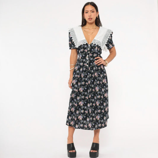 80s Eber Navy Floral Midi Dress Lace Collar Cotton Paisley Medium M