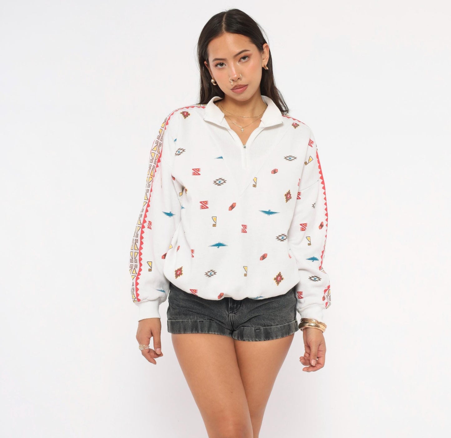 90s Steppingstones Southwestern Quarter-Zip Pullover White Thunderbird Large L