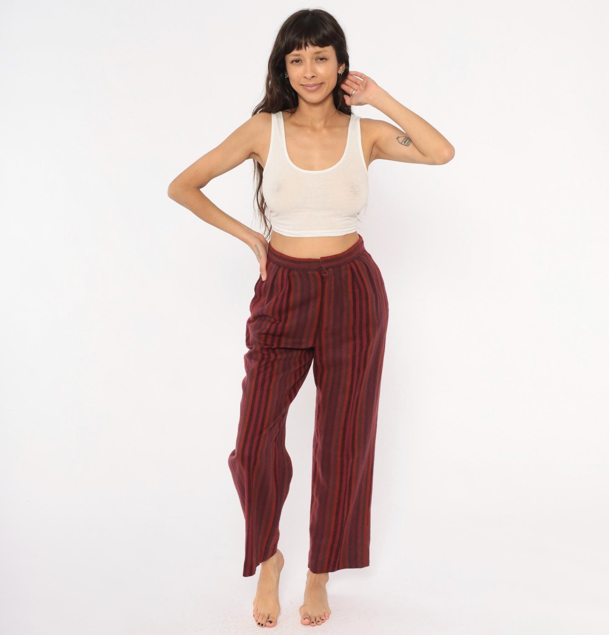 70s Burgundy Striped High Waist Tapered Trousers Pleated Front Small