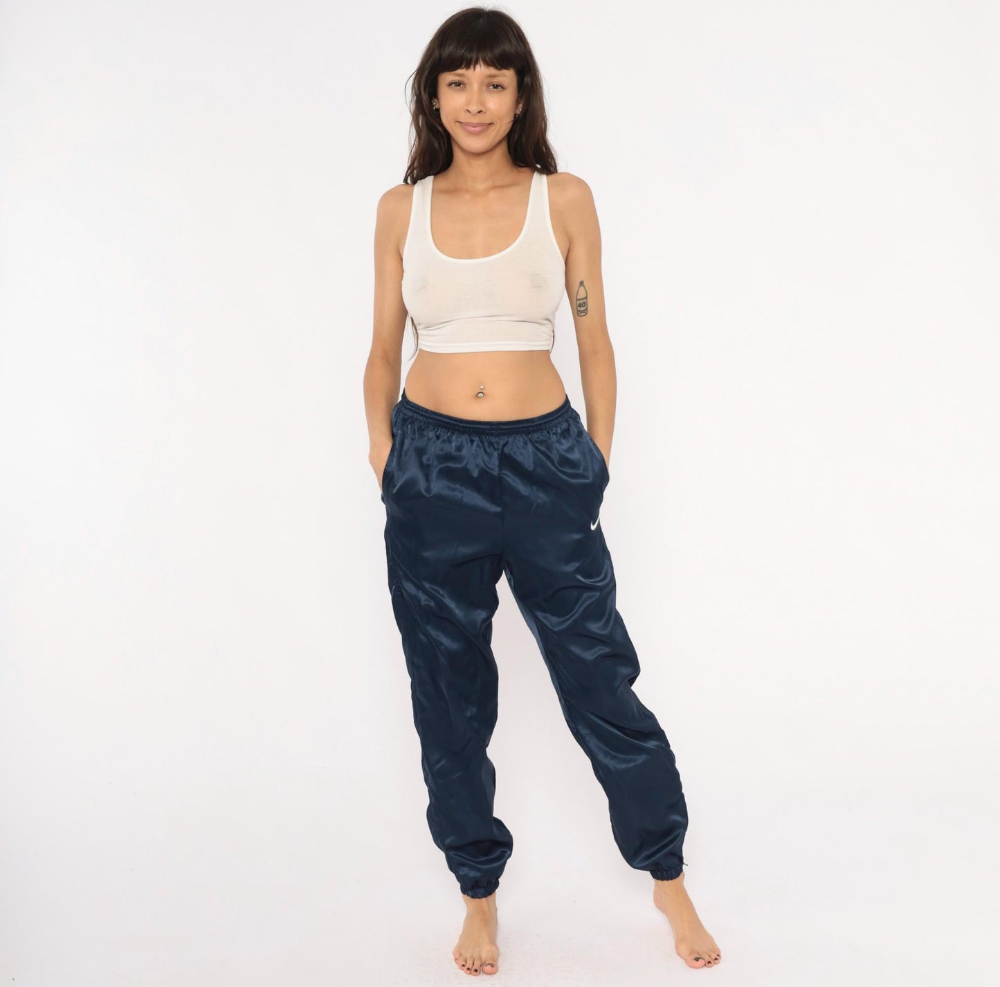 90s Nike Navy Satin Track Pants Swoosh Logo Elastic Waist Small S