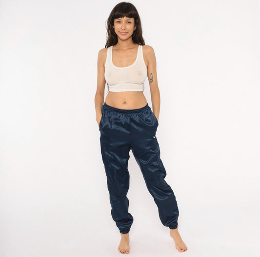 90s Nike Navy Satin Track Pants Swoosh Logo Elastic Waist Small S