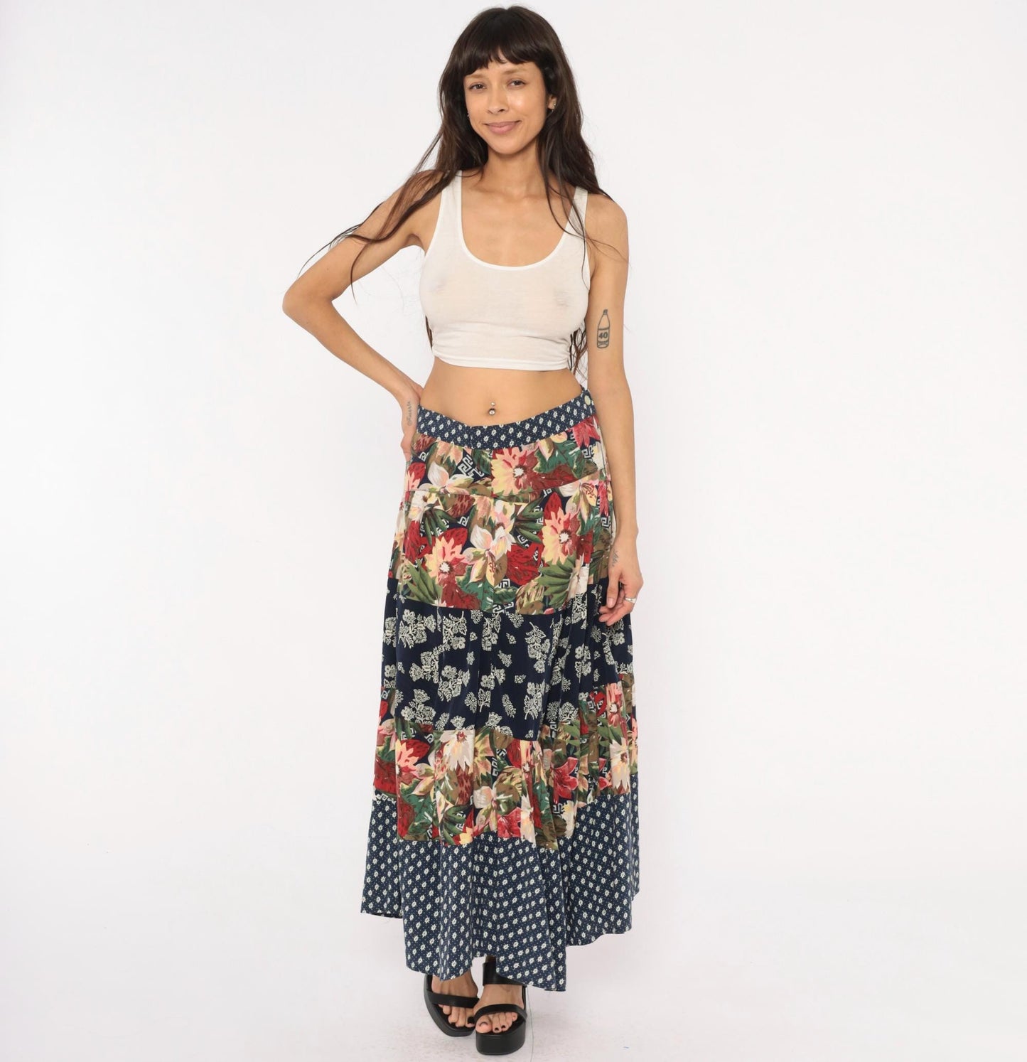 80s Patchwork Tiered Midi Skirt Floral Navy Cotton Medium M