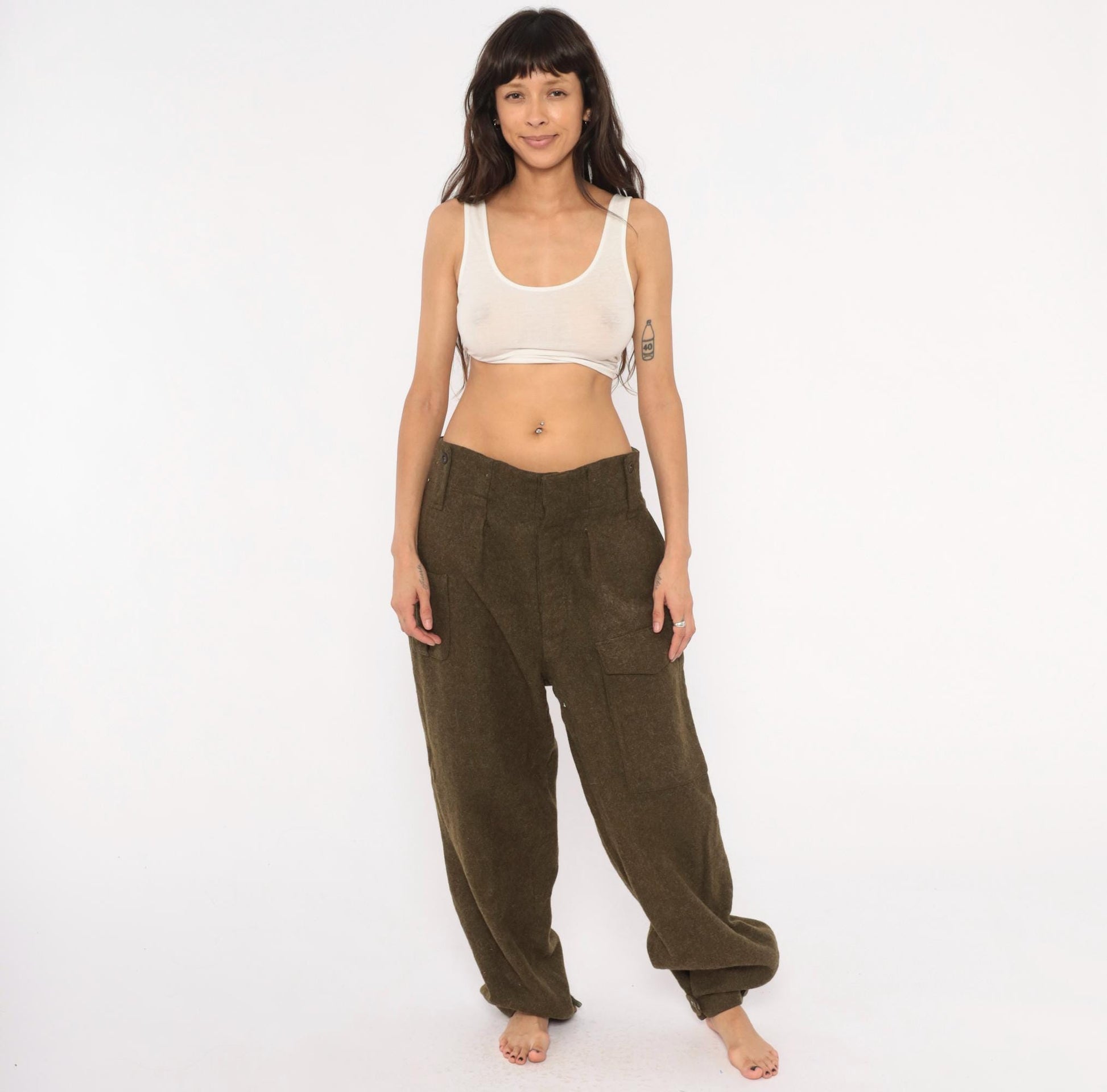 1950s Motecht Wool Military Trousers Olive High Rise Cargo Pants 34x31