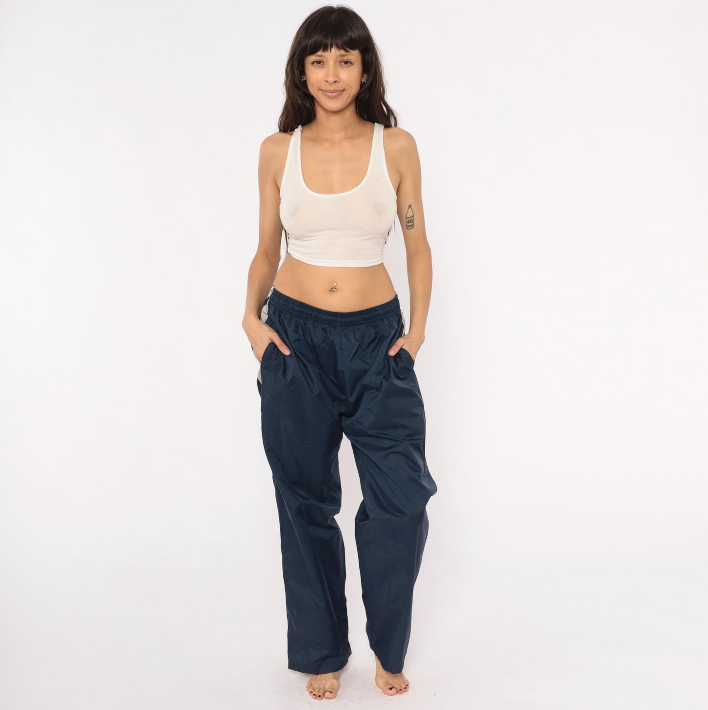 90s Reebok Navy Track Pants Nylon Elastic Waist Straight Leg Large L