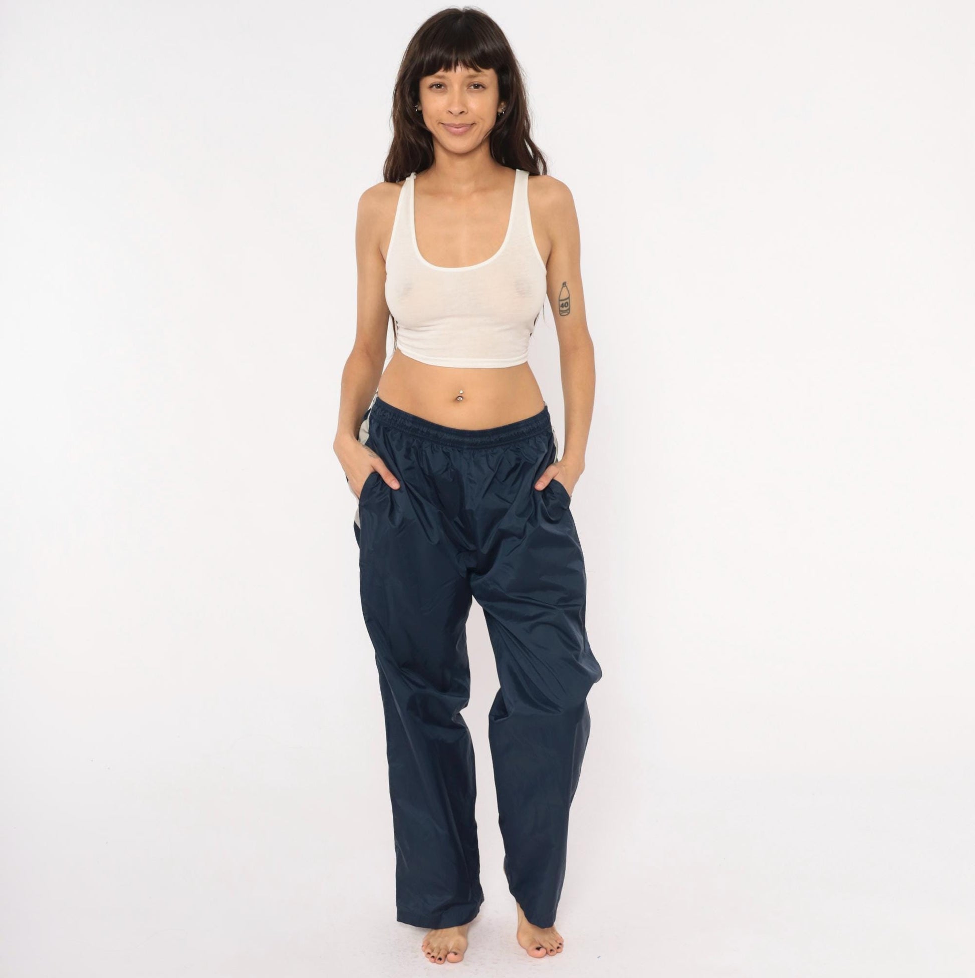90s Reebok Navy Track Pants Nylon Elastic Waist Straight Leg Large L
