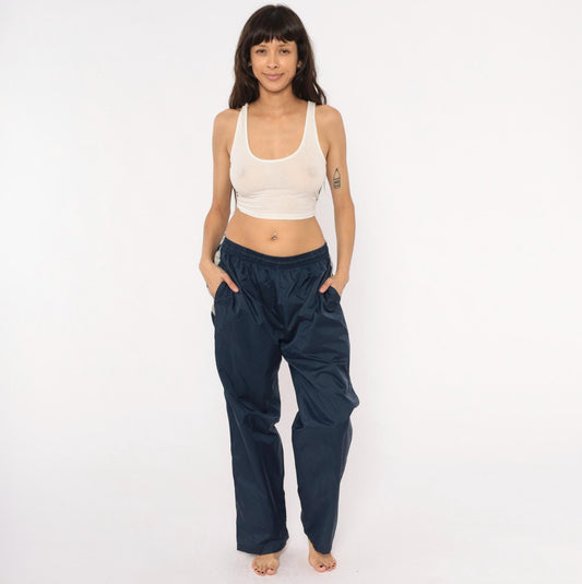 90s Reebok Navy Track Pants Nylon Elastic Waist Straight Leg Large L