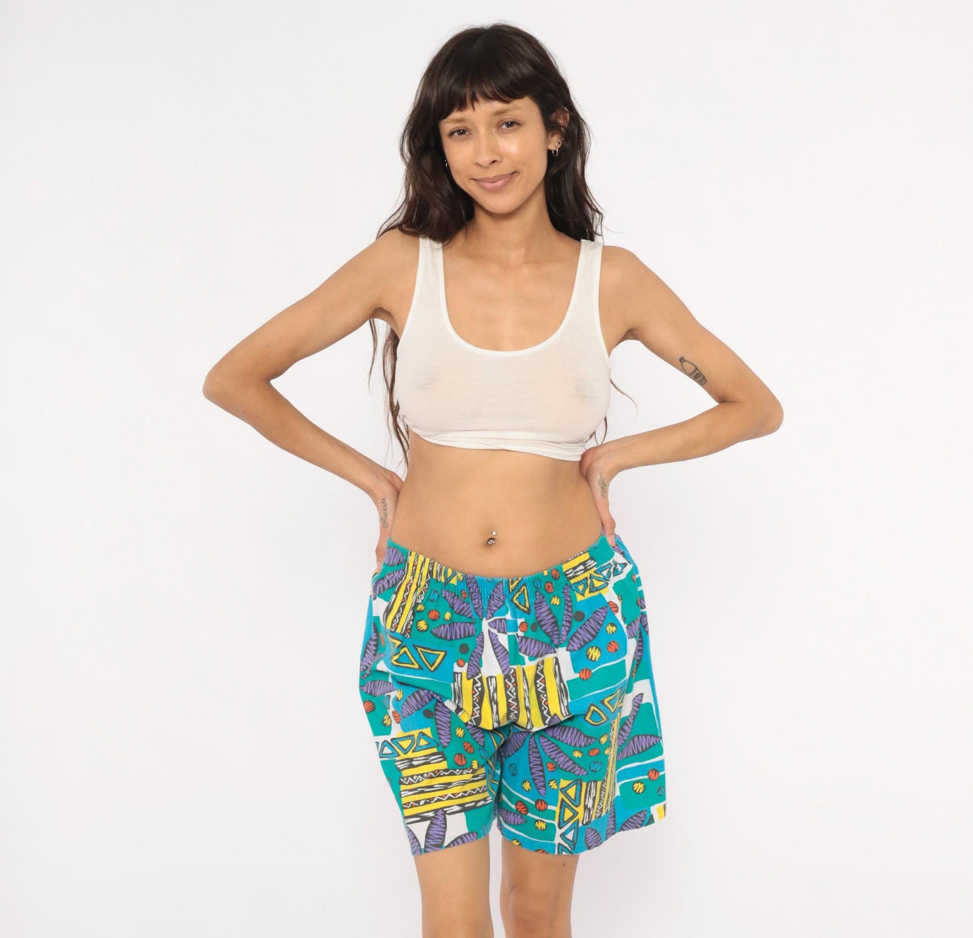 90s Athletic Works Abstract Shorts Teal Purple Geometric Print Cotton Medium