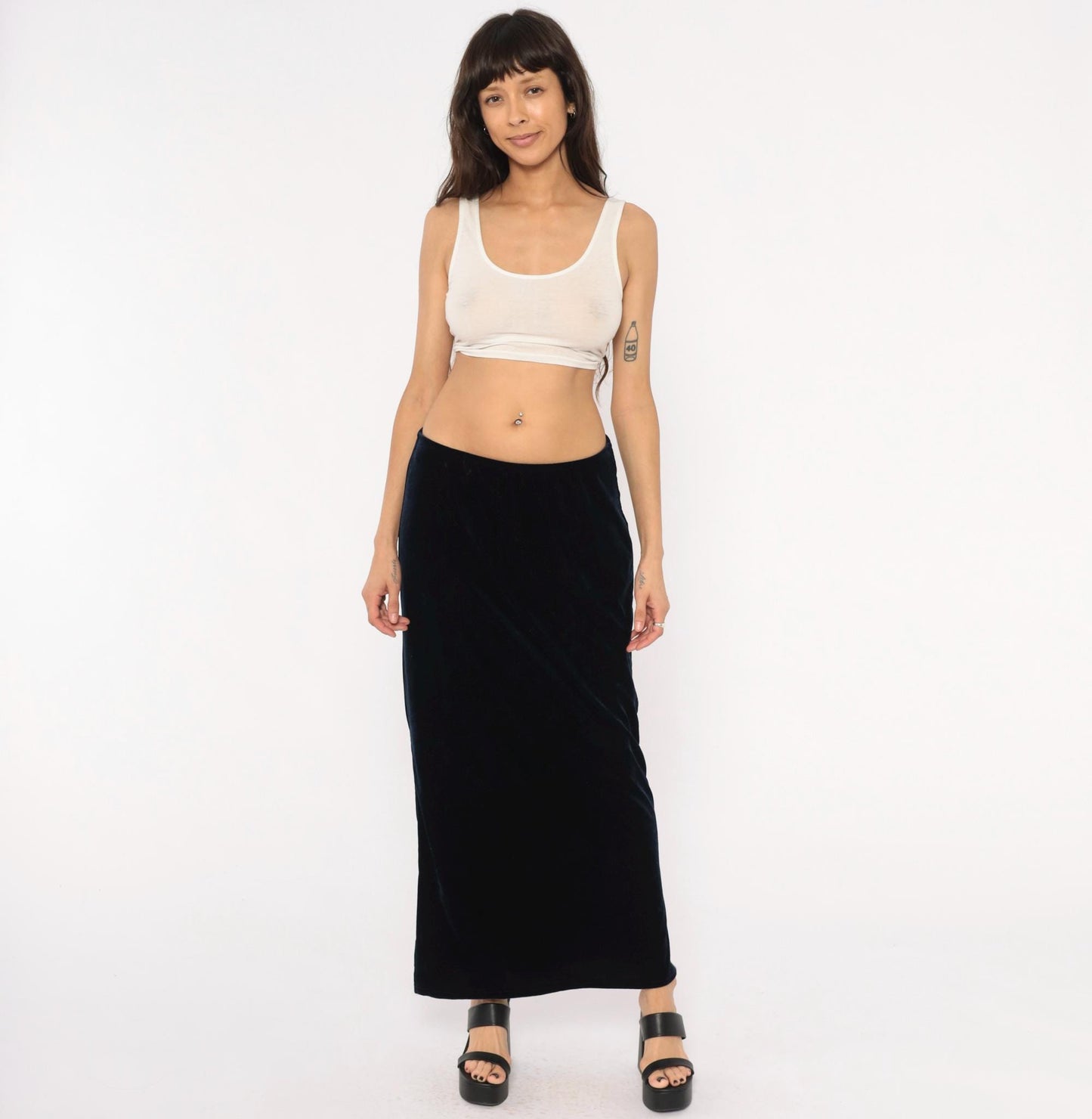 90s Navy Velvet Maxi Skirt Straight Column Ankle Length Medium Large