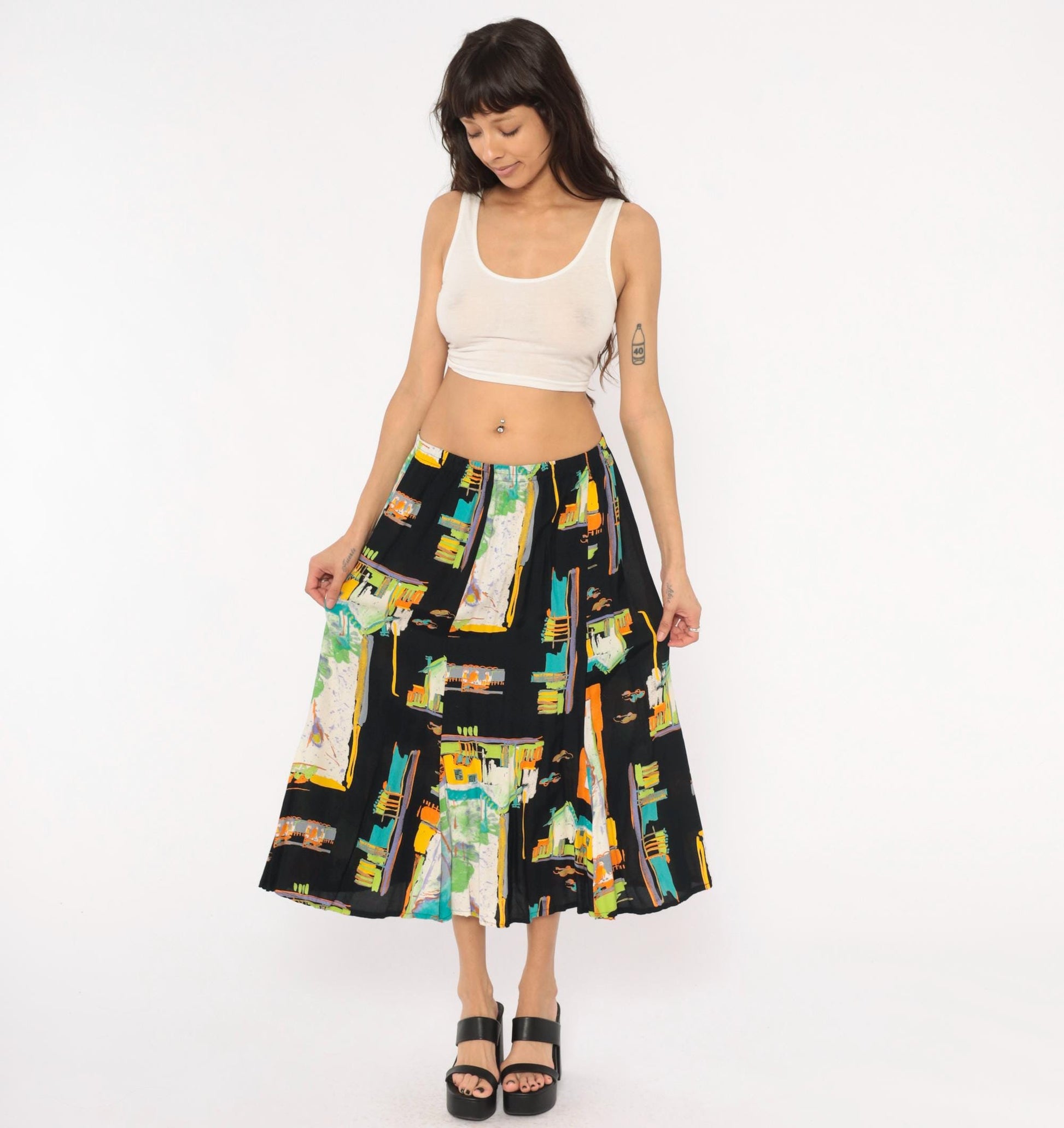 90s Sharon Anthony Maxi Skirt Cityscape Print Black Teal Orange Extra Large