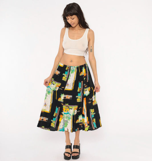 90s Sharon Anthony Maxi Skirt Cityscape Print Black Teal Orange Extra Large